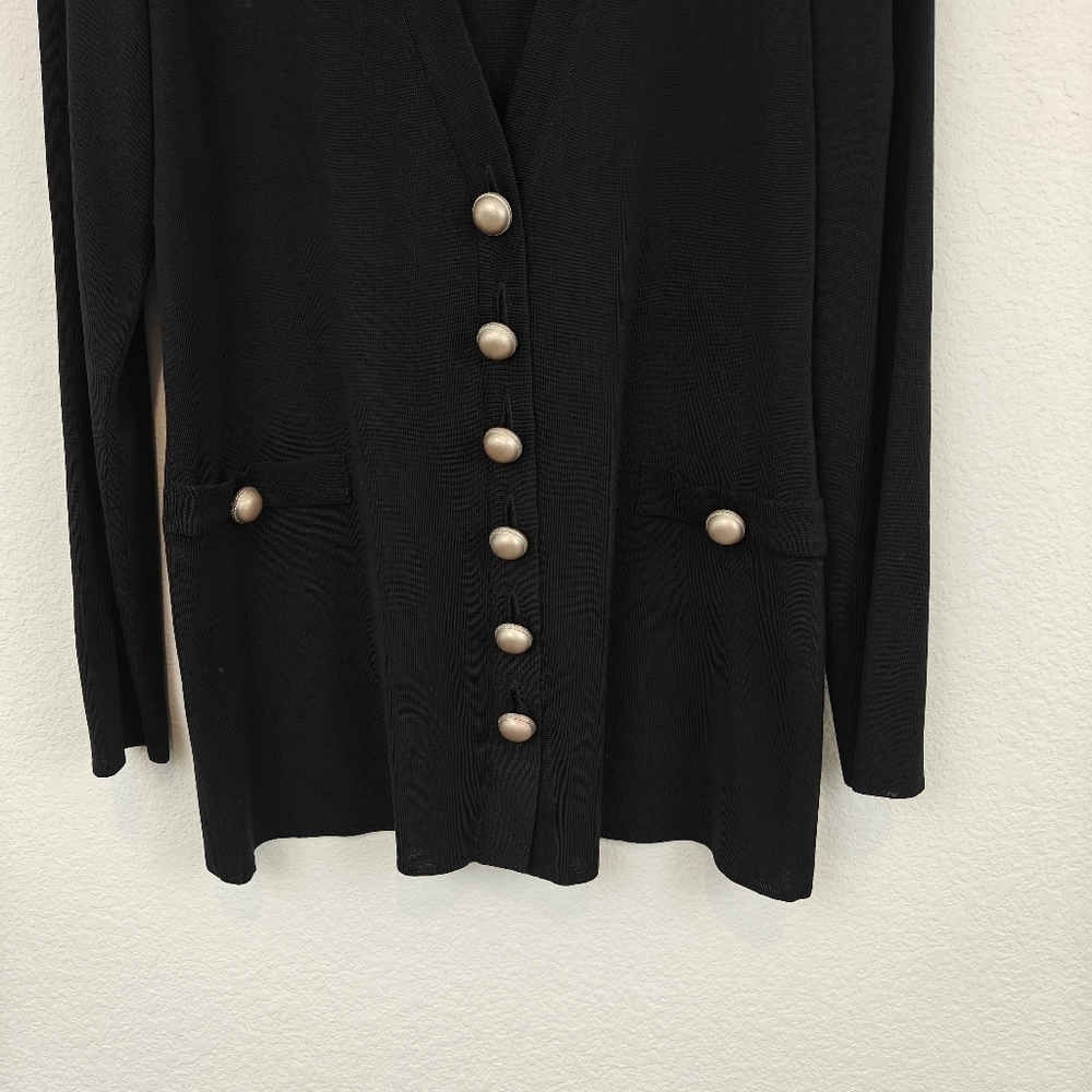Misook Pearl Button Up Black Light Weight V-neck Cartigan Size Medium Women's - Picture 3 of 14